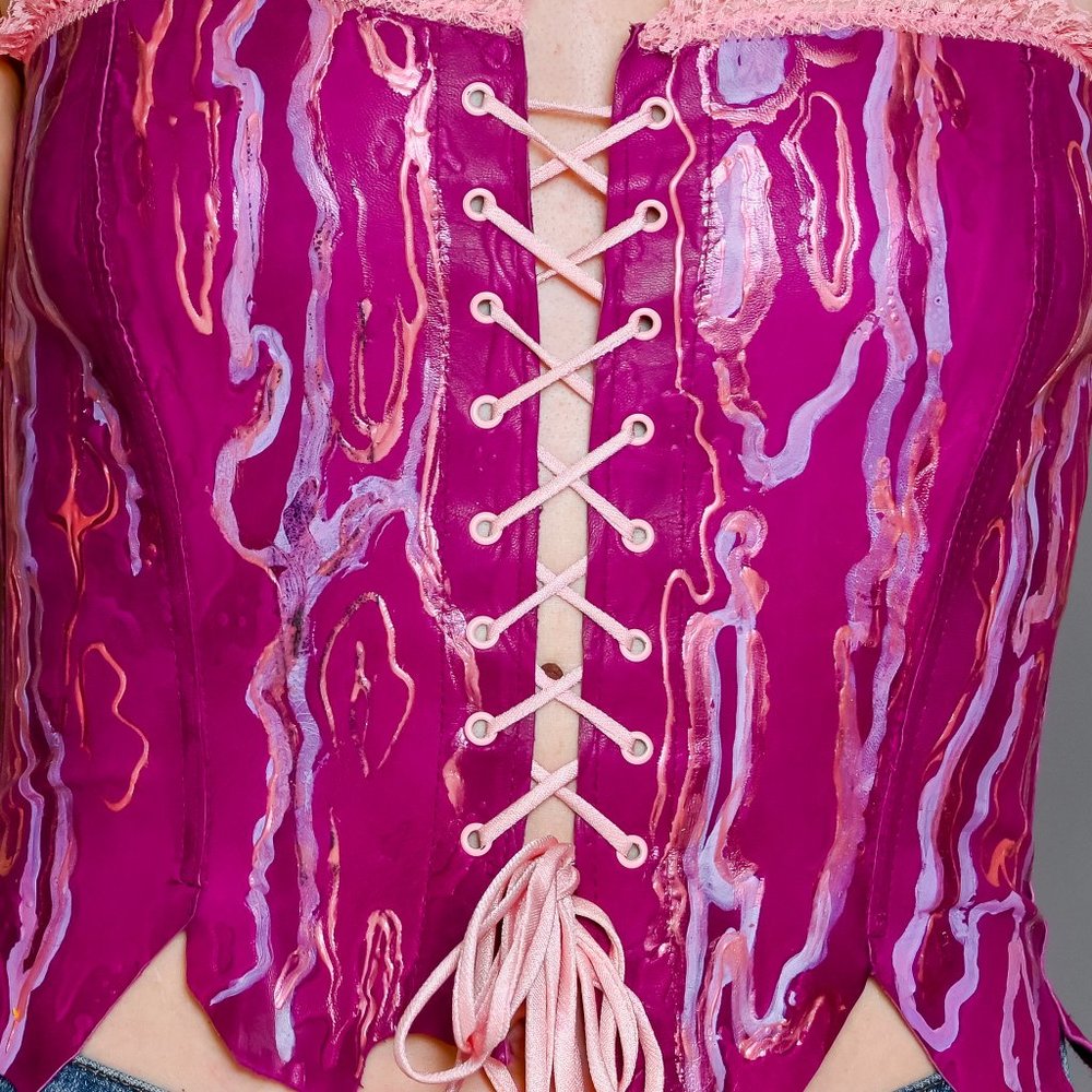 VINTAGE Real Leather Hand Painted Lace-Up Corset Top - Picture 6 of 9